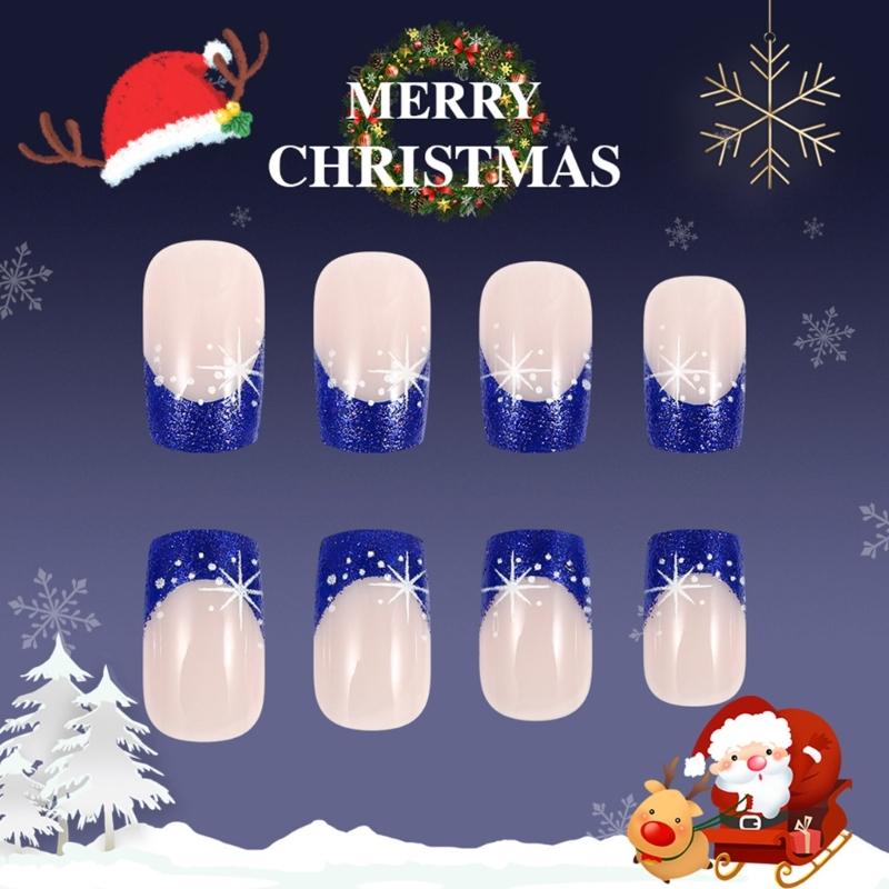 Winter Christmas Short Square False Nails Set with Snowflake Full Cover Glossy Finish Manicure Nail Decoration 24Pcs