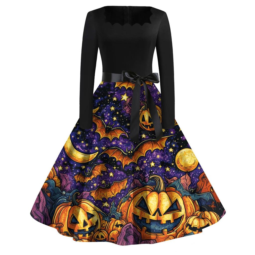 Women's Casual Fashion Halloween Printed Square Neck Vintage Dress