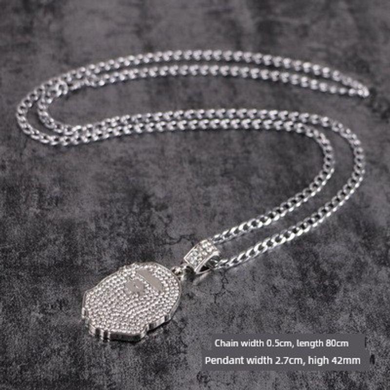

HipHop Same Style Diamond Studded by Hand Ape Head Pendant Silver(Ape head with flat chain 80cm)