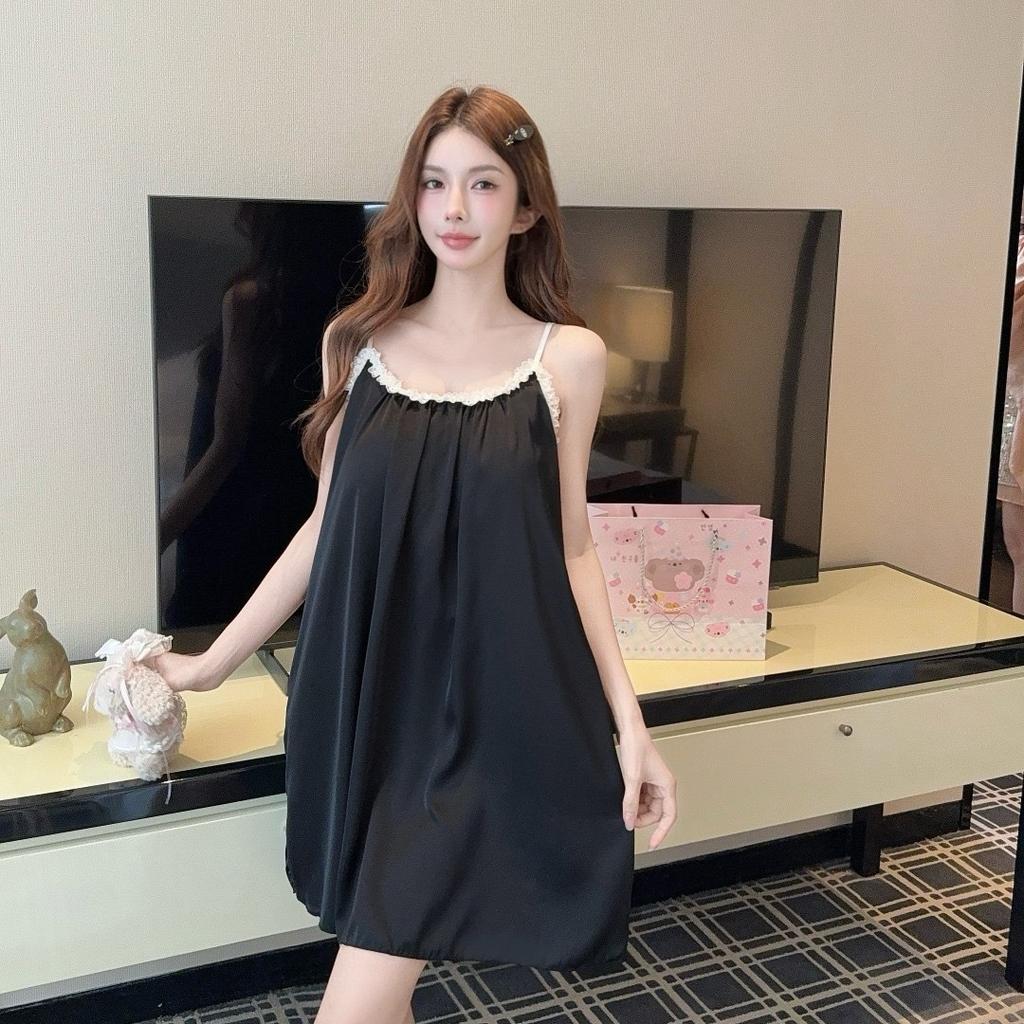 Summer New Ice Silk Sexy Nightgown Women's Thin Comfortable Suspender Nightgown Loungewear Two-piece Set with Chest Pad