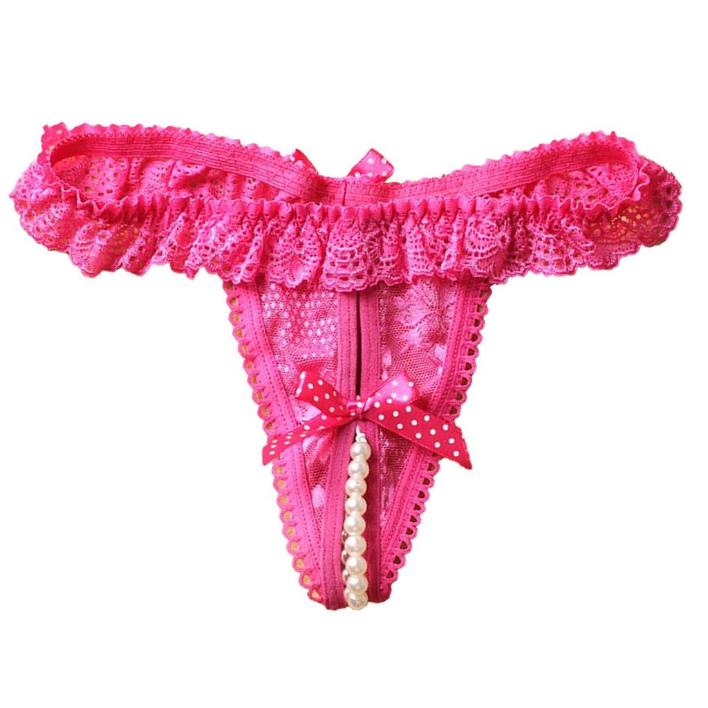Erotische Höschen Sexy schrittoffene Damen-Mini-Tangas mit Perlenspitze, transparentem Netzstoff, Rüschen-Tangas, floral bestickter Schleifenknoten-G-String