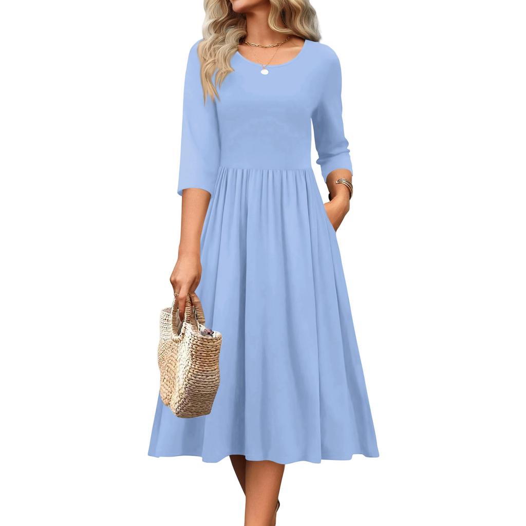 Dámské šaty s 3/4 rukávem, ležérní, splývavé, áčkového střihu, midi tričkové šaty s kapsami, kulatý výstřih, na dovolenou, boho, plážové letní šaty