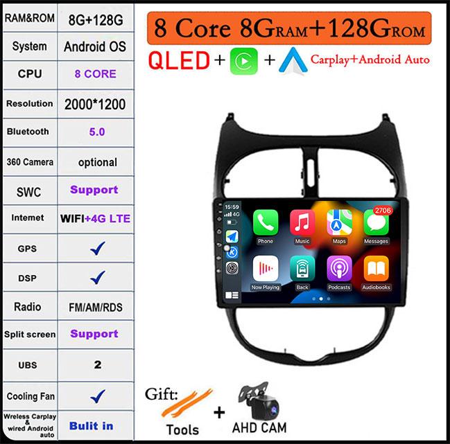 9'' For Peugeot 206 2001 - 2016 Screen/QLED Android 14 Car Radio Multimedia Video Player Navigation GPS 4GLTE 5G WIFI