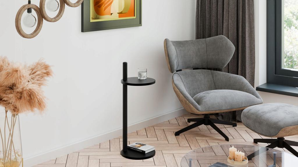 Round Loft Side Table With Shelf 30X30X80 Cm Metal Black