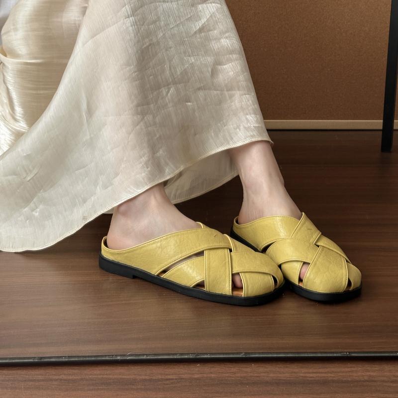 

Cutout Woven Soft Sole Cool Drag Women Summer New Square Toe Shallow Mouth Breathable Non-Slip Non-Slip Roman Flats 40 жёлтый