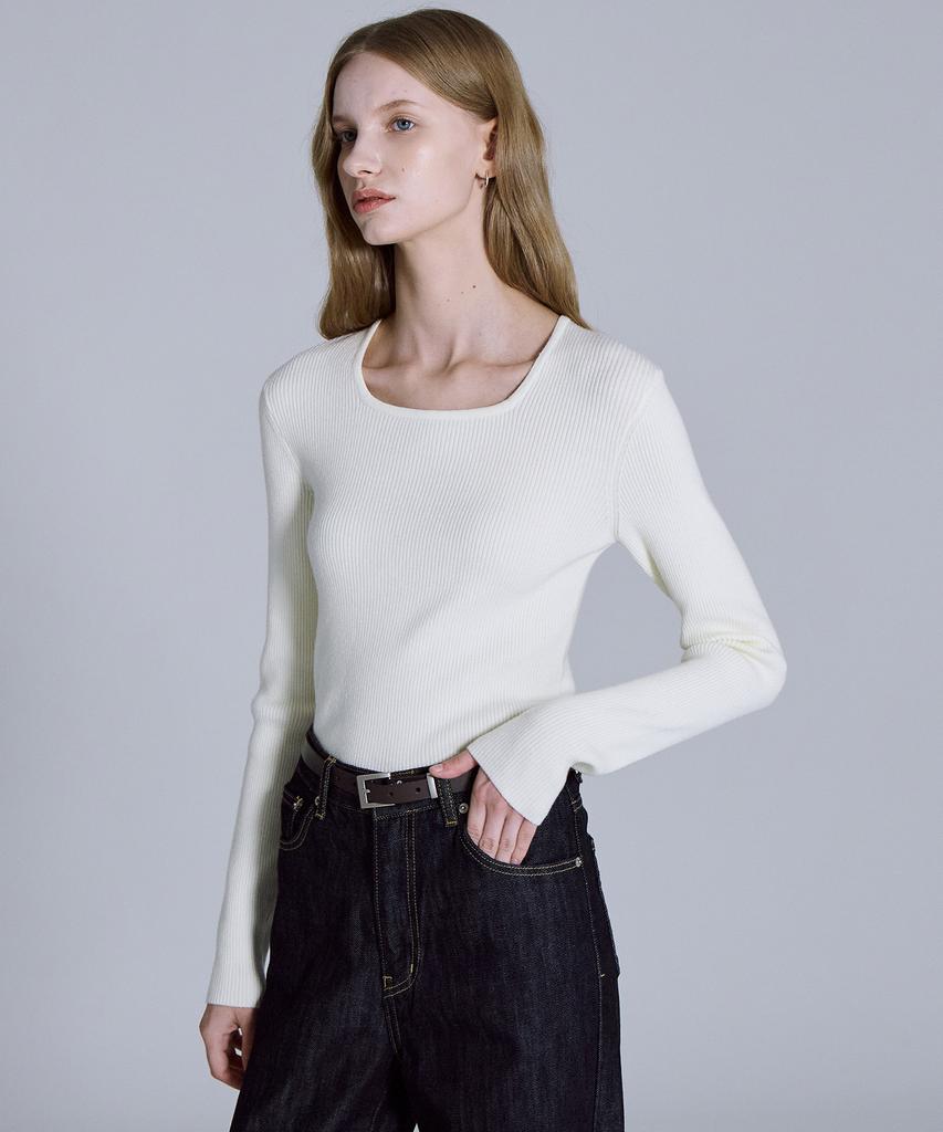 BASIC HOUSE Women'S Square Neck Long Sleeve Sweater Ivory Lykt7204