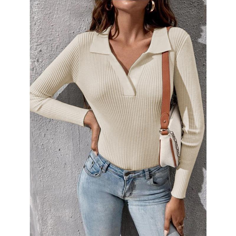 

Осень-зима женский трикотаж с длинным рукавом и лацканами вязаный свитер сексуальный тонкий повседневный пуловер топы L абрикосовый