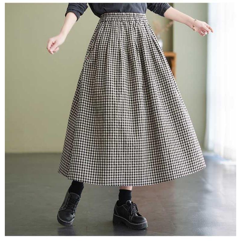 The Real Shot of The New Literary and Artistic Women's Clothing Cotton and Linen  Pendulum High Waist and Thin A Word Medium and Long Skirt