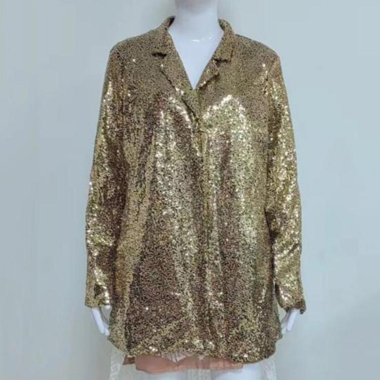 Shiny Sequins Women Casual Loose Fit Long Sleeve Cardigan Lapel Open Front Solid Color Suit Coat Clubwear Jacket