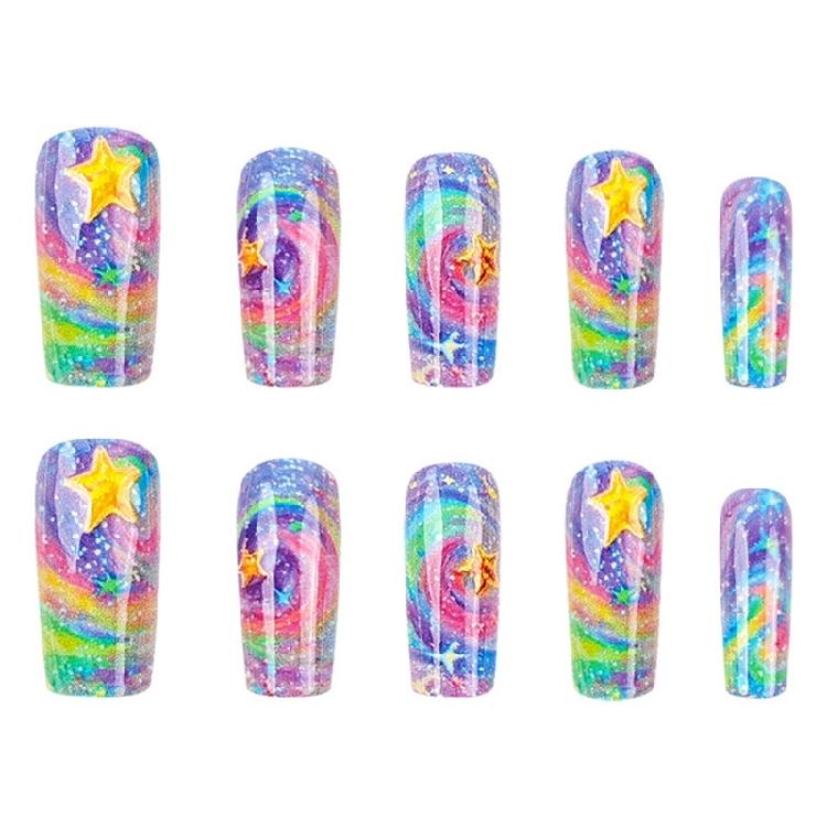 24 Pcs Glittering Press On Nail Long False Nail Lovely Stars Stick On Nail Gradient Artificial Nail