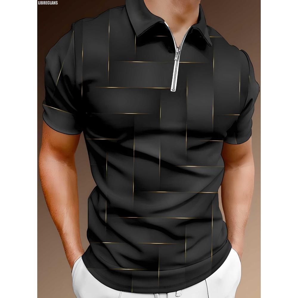 Men's gold checkered 3D printed retro polo ball, zippered polo ball, fashionable short sleeved top