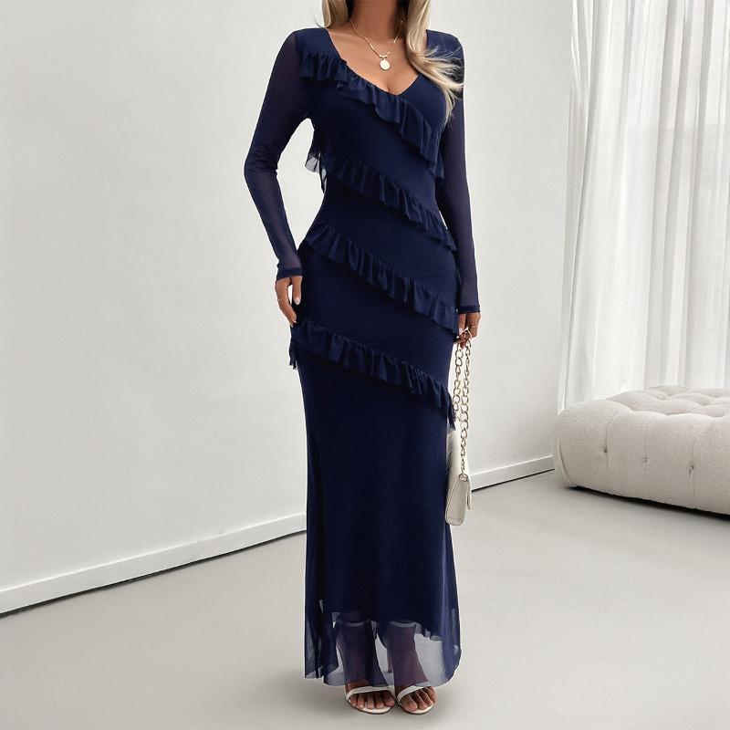 

Осенне-зимнее женское платье с длинным рукавом, облегающее сетчатое платье с V-образным вырезом XL тёмно-синий