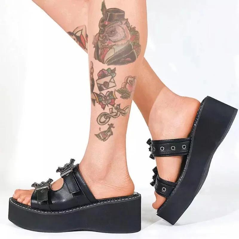 Fashion Gothic punk women's sandals optical wide heel astronomical bat slippers belt decoration 2024 new summer