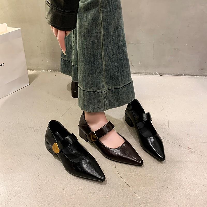 2024 High Quality Leather Elegant Buckle Pointed Toe Black High Heels Fashionable Women's Summer Single Shoes Office Shoes