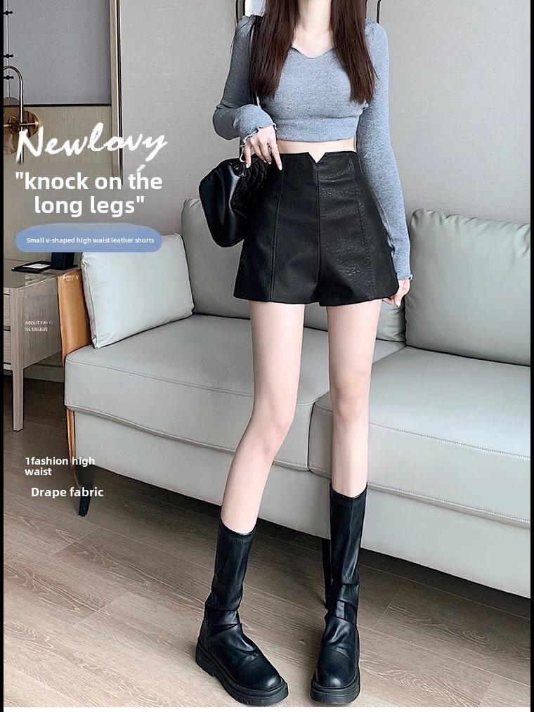 Dámské šortky s vysokým pasem, úzké, z PU kůže, se širokými nohavicemi ve tvaru A - Podzim/Zima 2023 Korejský styl