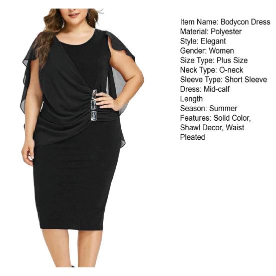 O-Neck Short Sleeve Chiffon Shawl Pleated Decor Women Dress Solid Color Plus