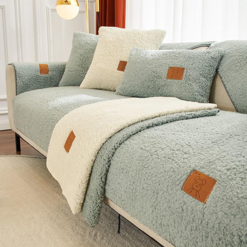 Winter Wool Fleece Sofa Cover Plush Cushions Thicken Warm Non-Slip Sofa Cover Solid Color Living Room Sofa Protection Cover