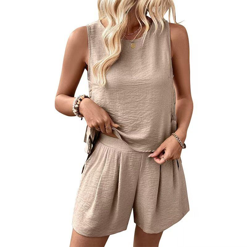 Fashion Style New Arrival Fashion Pure Color Crew Neck Vest Shorts Two-Piece Suit Tank Top and Shorts Set