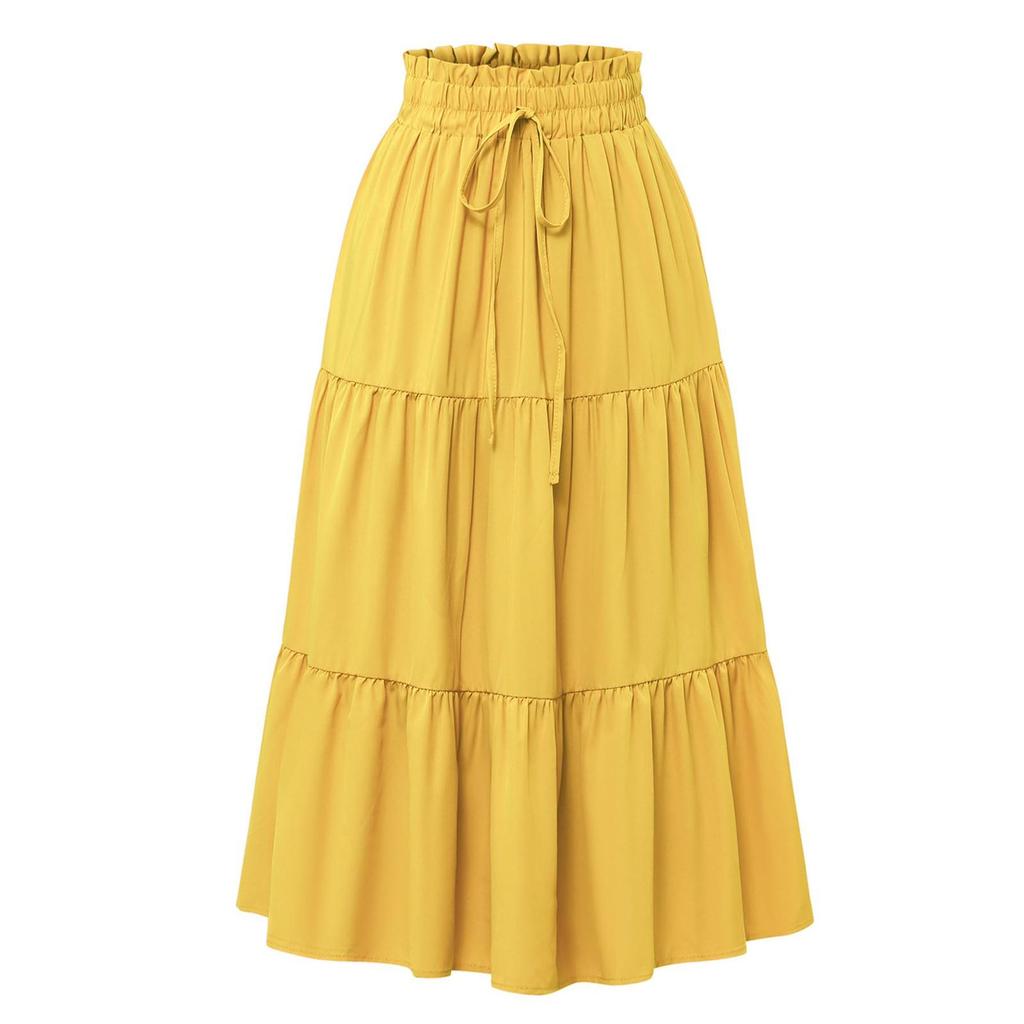Moda Feminina Cor Sólida Renda Floral Cintura Elástica Solta Saia Longa