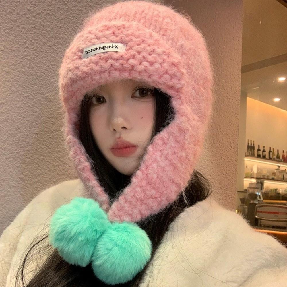 Sweet Women Knitted Cap Fluffy Pom-pom Ear Protection Caps Trendy Warm Beanie Hats  Outdoor