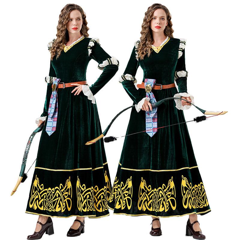 European Medieval Queen Costume With Green Velvet Cotton Fabric For Halloween Cosplay Party