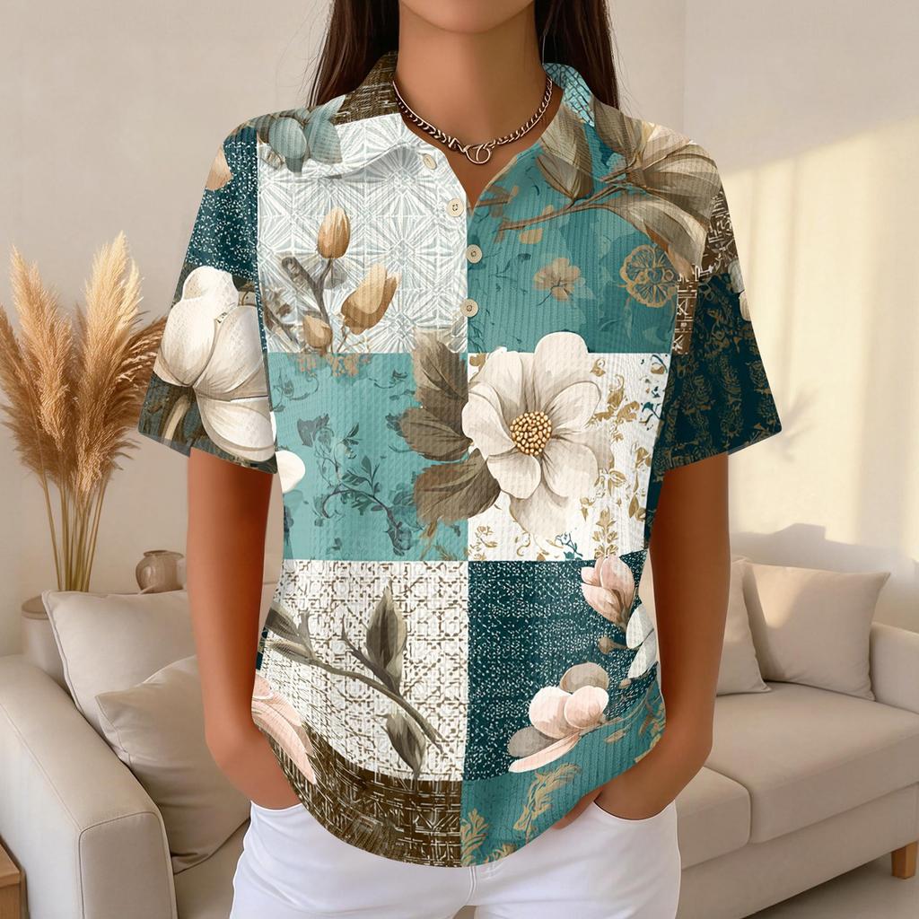 Womens Casual Short Sleeve Retro Floral Print Waffle Knit Polo Shirt Lightweight Button Down Top