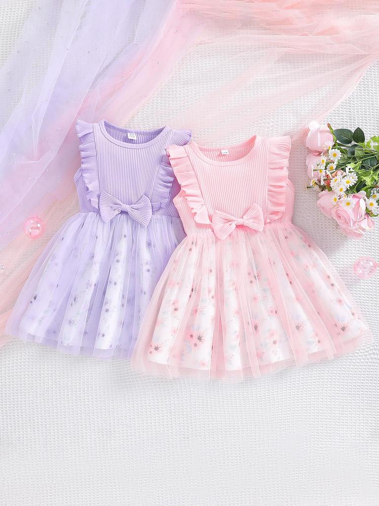 2025 Sweet Toddler Girls' A-Line Bowknot Mesh Dress - Sleeveless Cotton