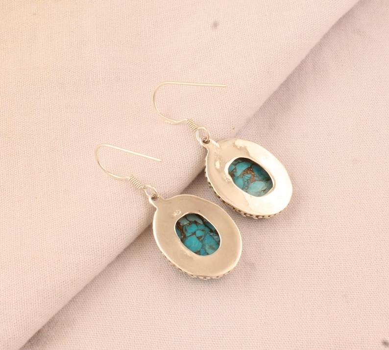 Solid 925 Sterling Silver Blue Copper Turquoise gemstone Handmade designer Women Dangle Earring Jewelry