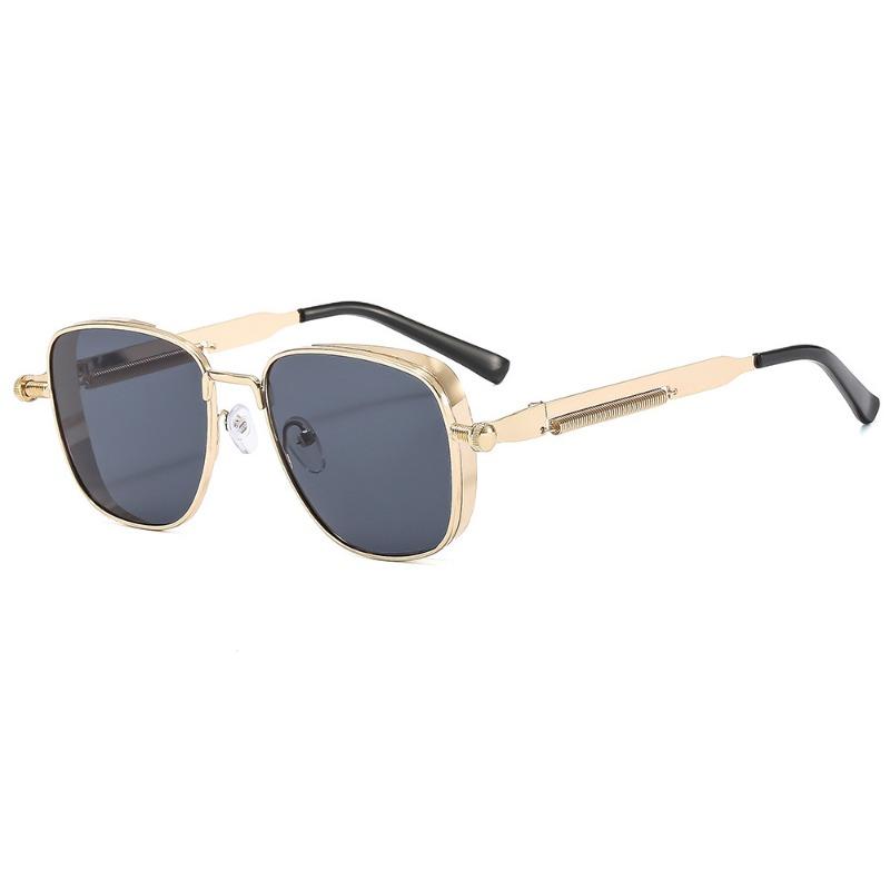 Non-polarozed Retro Cool Steampunk Square Metal Frame Glasses with Spring Temples for Men Women Party Vacation Travel Driving Fishing