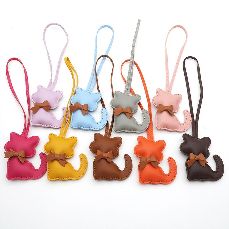 1PC Kitten-Shaped Bags PU Leather Cat Lovers Cat Keychain Luggage Keyring with Brown Bow Tie Gift Multiple Options Available