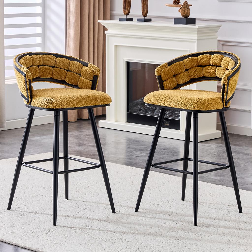 Set aus 2 gelben Samt-Vorhangstühlen mit schwarzen Eisenbeinen, moderne Barhocker für den Heimbereich der Hausbar