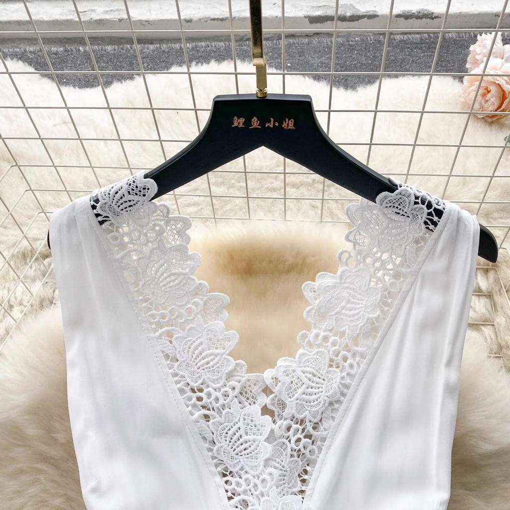 Summer Holiday Flower Embroidery Patchwork White Tank Long Maxi Dress Women's Sleeveless V Neck Lace Trims Hollow Out Beach Robe