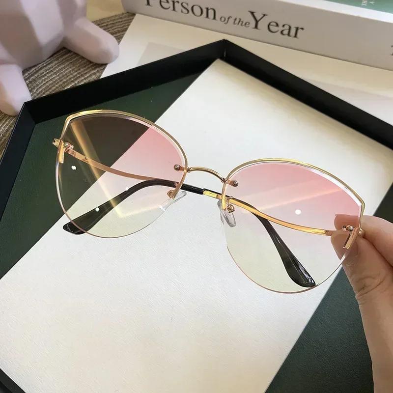 Cat Eye Sunglasses Women Luxury Rimless Gradient UV400 Clear Ocean Color Lenes Shades Ladies Sun Glasses