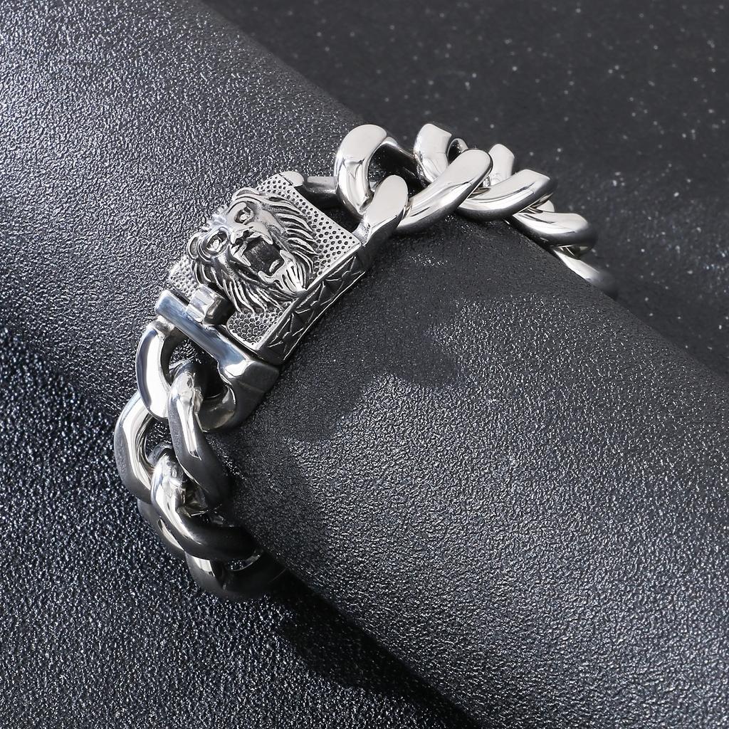 Stainless Steel Lion Charm Bracelet Men With Shiny Curb Chain Jewelry for Male Street Rock Jewelry