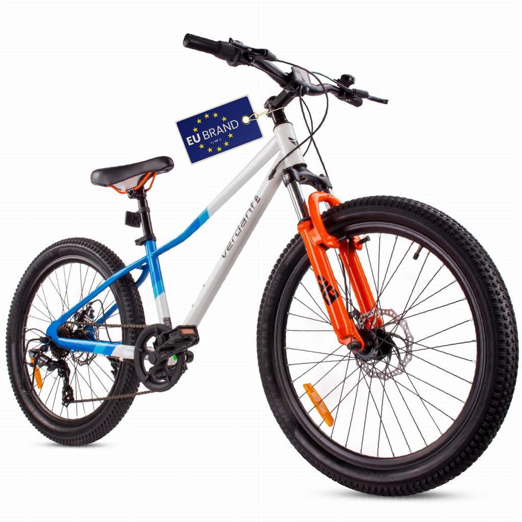 Rower Młodzieżowy Górski Mtb 24 Cale Dla Chłopca Dziewczynki Na Komunię Shimano 7 Biegów Z Amortyzatorem Szerokie Opony Calix Biały Niebieski