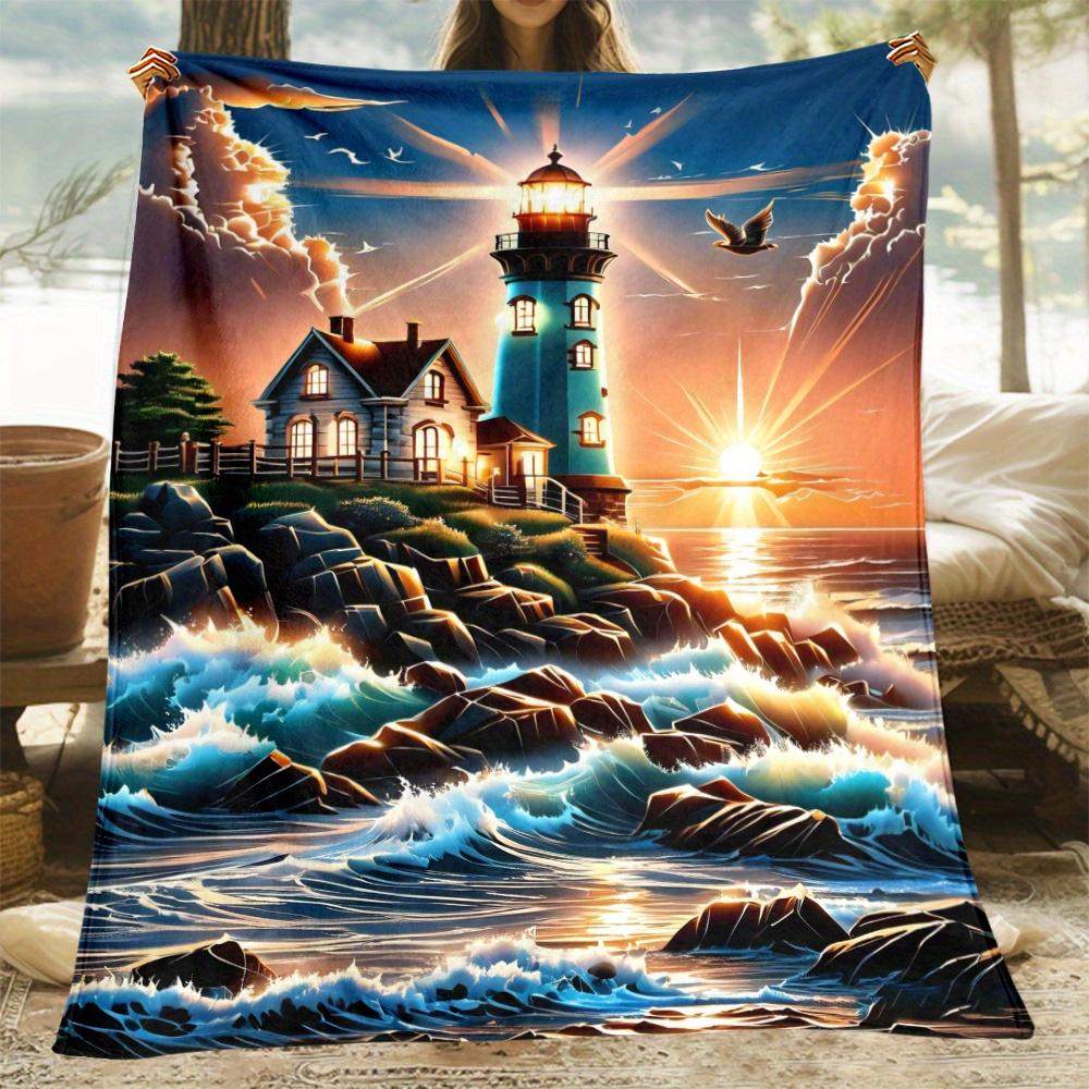 

Lighthouse Flannel Throw Blanket, Soft Warm Coastal Design, Lightweight for Sofa Office Travel, Durable Polyester Decor Gift 75x90cm