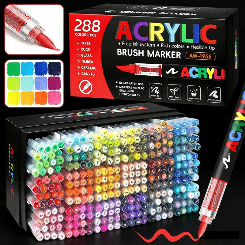 12-288 Colors Acrylic Paint Pen Markers Acrylic Felts Brush Tip Paint Markers for Wood Rock Painting Canvas Gift DIY Crafts Art