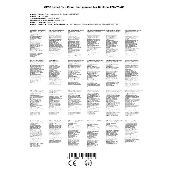 Transparente Schutzhülle für 2-Sitzer-Bank, ca.. 120x75x80