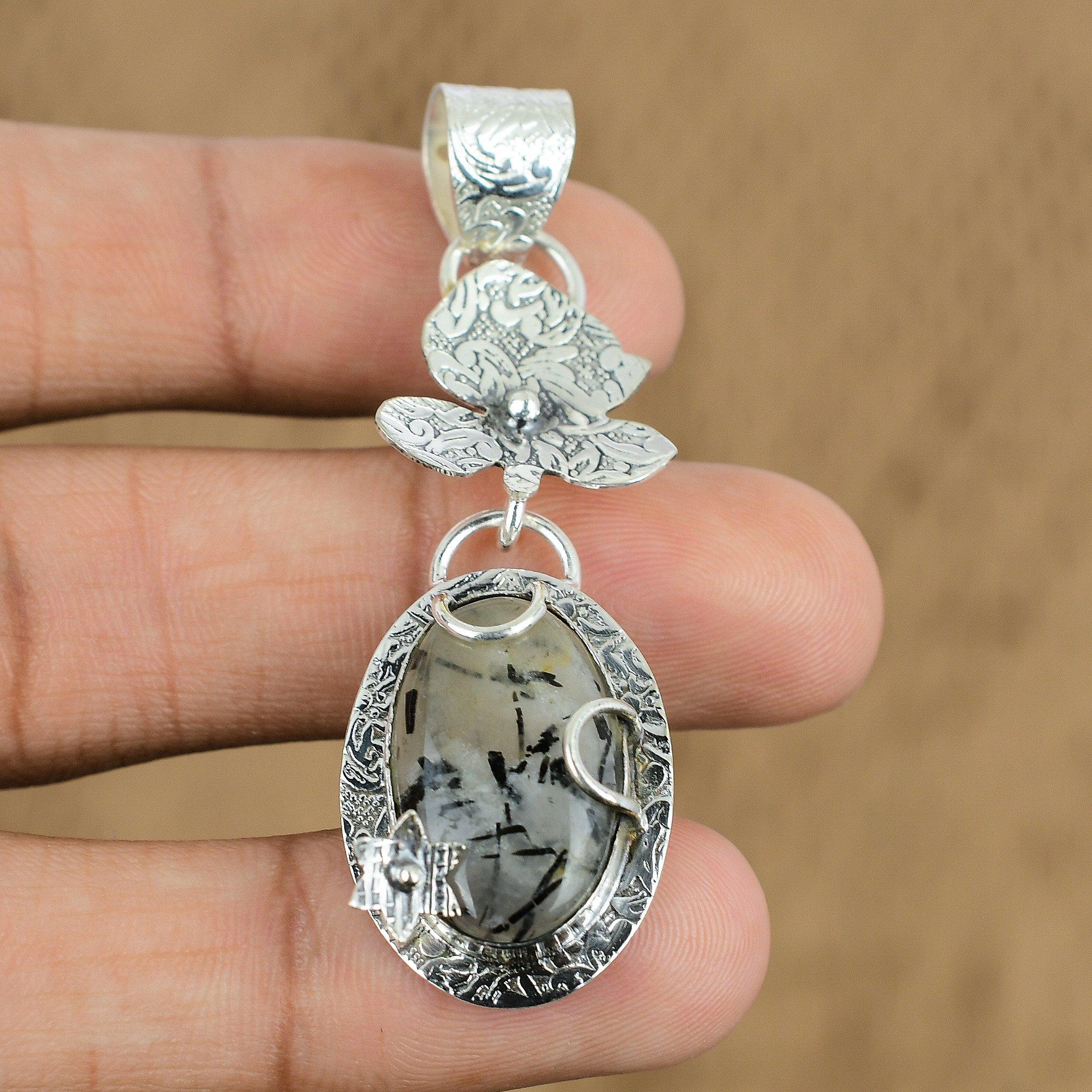 

Mothers day Sale Sterling Silver Black Rutile Stone Ethnic Handcrafted Pendant