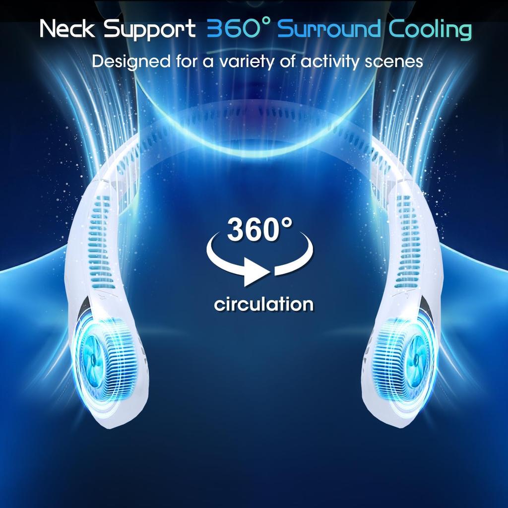 OLV Neck Fan 5000mAh Rechargeable Battery Portable Fan 360° Bladeless Cooling 3 Speeds Powerful Airflow Personal Foldable Neck Fan Gifts for Men