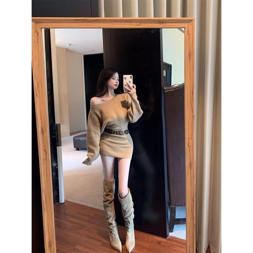 

2025 Women s Off-Shoulder Knit Bodycon Mini Dress - Slimming & Flattering One Size