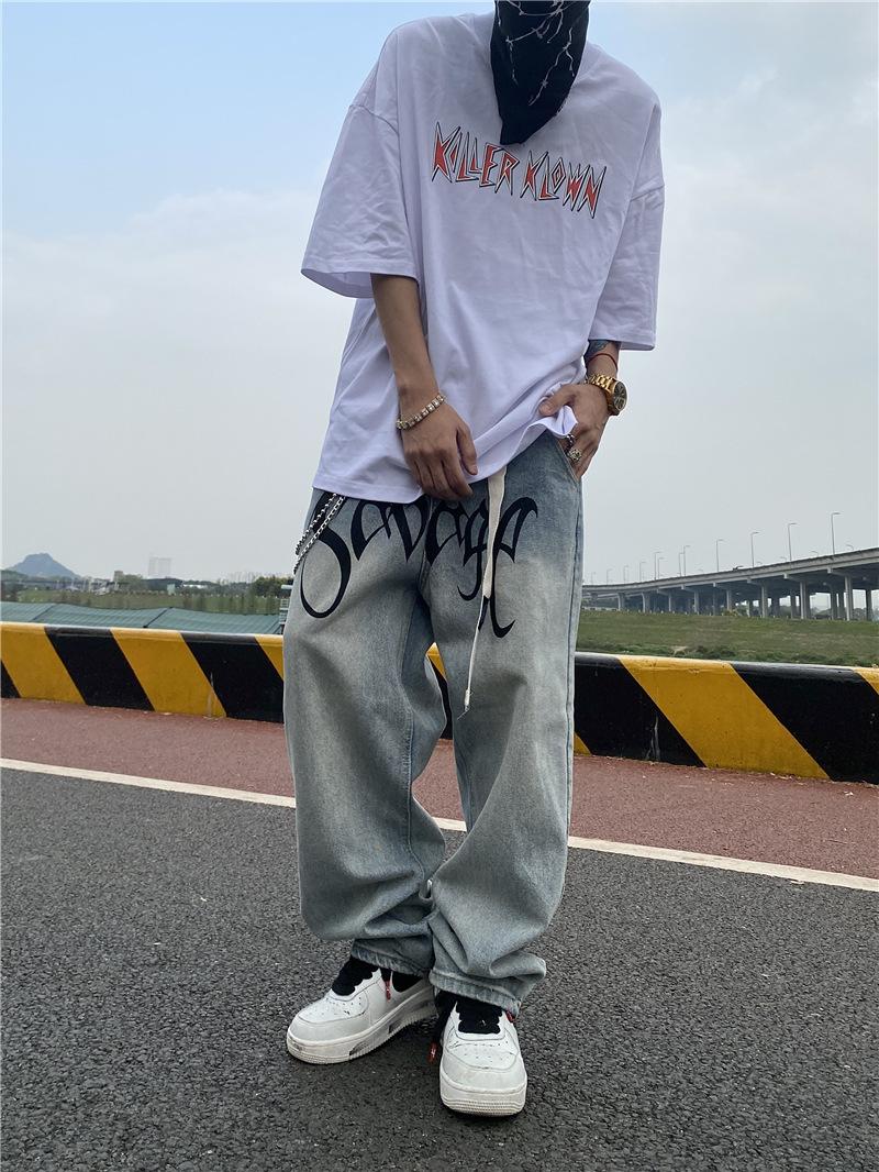 

JYL Mens Jeans Wide Leg Spring Summer American Vintage Trendy Loose Straight Denim 3XL безодня