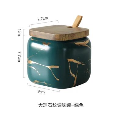 Matte Marble Pattern Ceramic Kitchen Spice Jar Oiler Set Wooden Cover Salt Shaker Spice Jar Kitchen Condiment Storage Rack Set