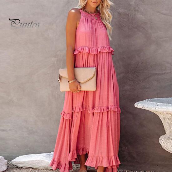 Dámské letní šaty s volánky, halterový výstřih, bez rukávů, volné, jednobarevné, plisované, s odhalenými rameny, patchworkové, dovolenkové, plážové, maxi šaty