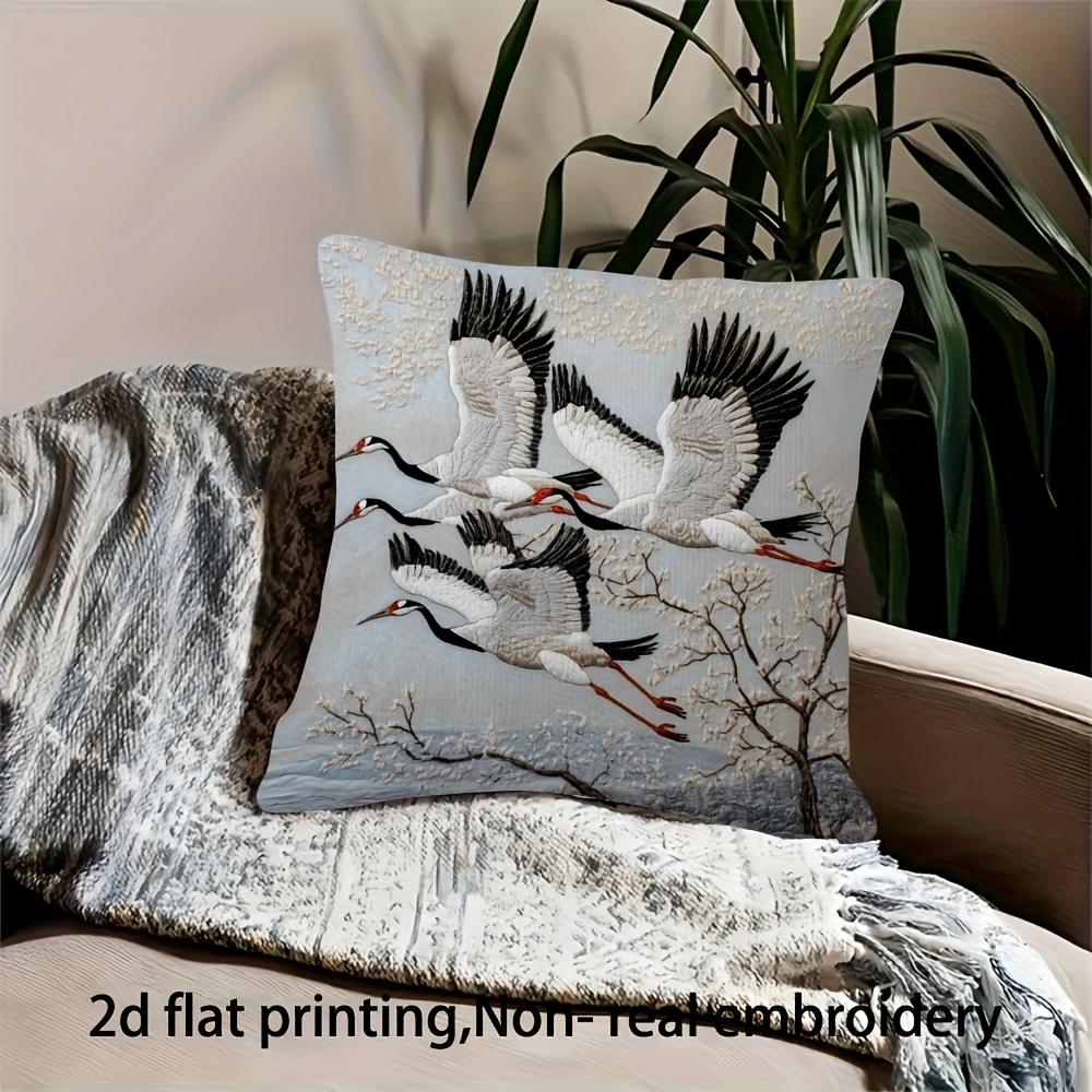 2D Flat- Vintage Flying Red Crowned Cranes Decorative Throw Pillow Cover Winter Landscape Square Cushion Case