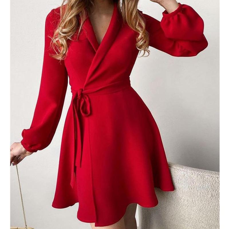 Frühling Herbst Damenmode Blumendruck Langarm V-Ausschnitt Hohe Taille Freizeitkleid