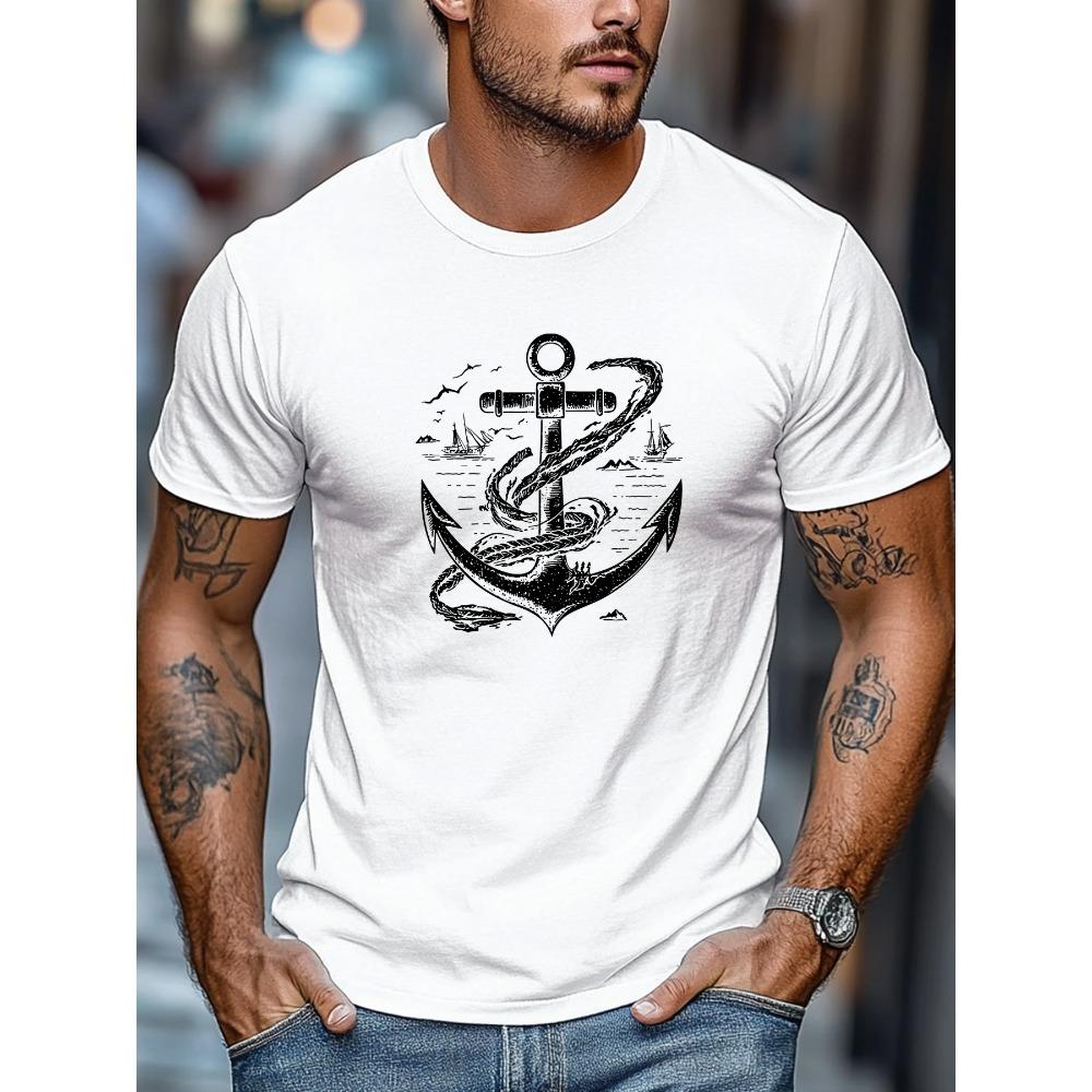 2D Printed Men S T-Shirt Relaxed And Casual Featuring an Anchor And Nautical Design for Summer Leisure with a Short Round Neck S