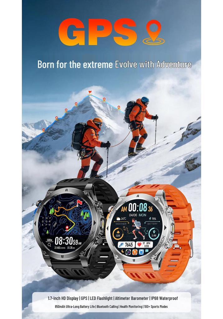 T-RX4 Ultra Smartwatch: 1.7" Screen, 850mAh Battery, GPS, Altitude, Barometer, Compass
