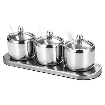 Stainless Steel Seasoning Jar Kitchen Salt Canister Multifunction Spice Storage Pot Container (3 Jars with Base)