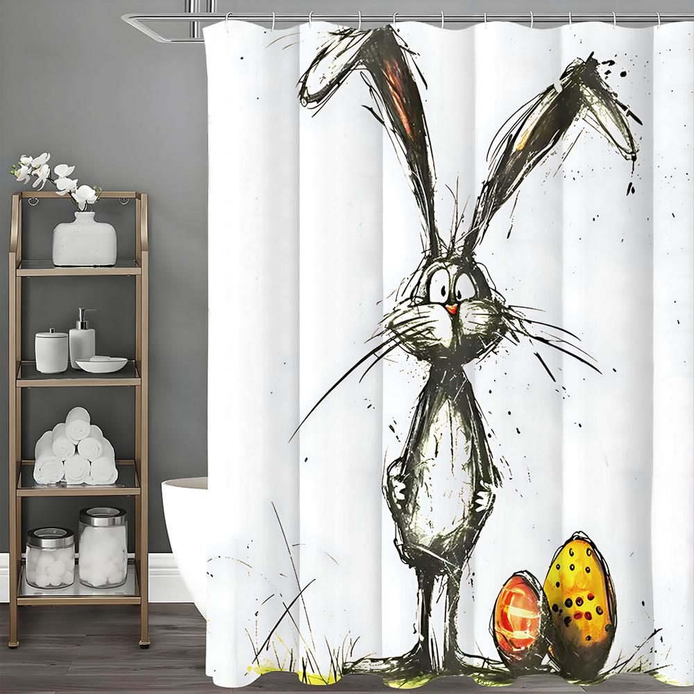Easter Shower Curtain Bunny Easter Yellow Eggs Messy Pen Art Drawing Spring Holiday Bunny Bathroom Decor Polyester Shower Curtai